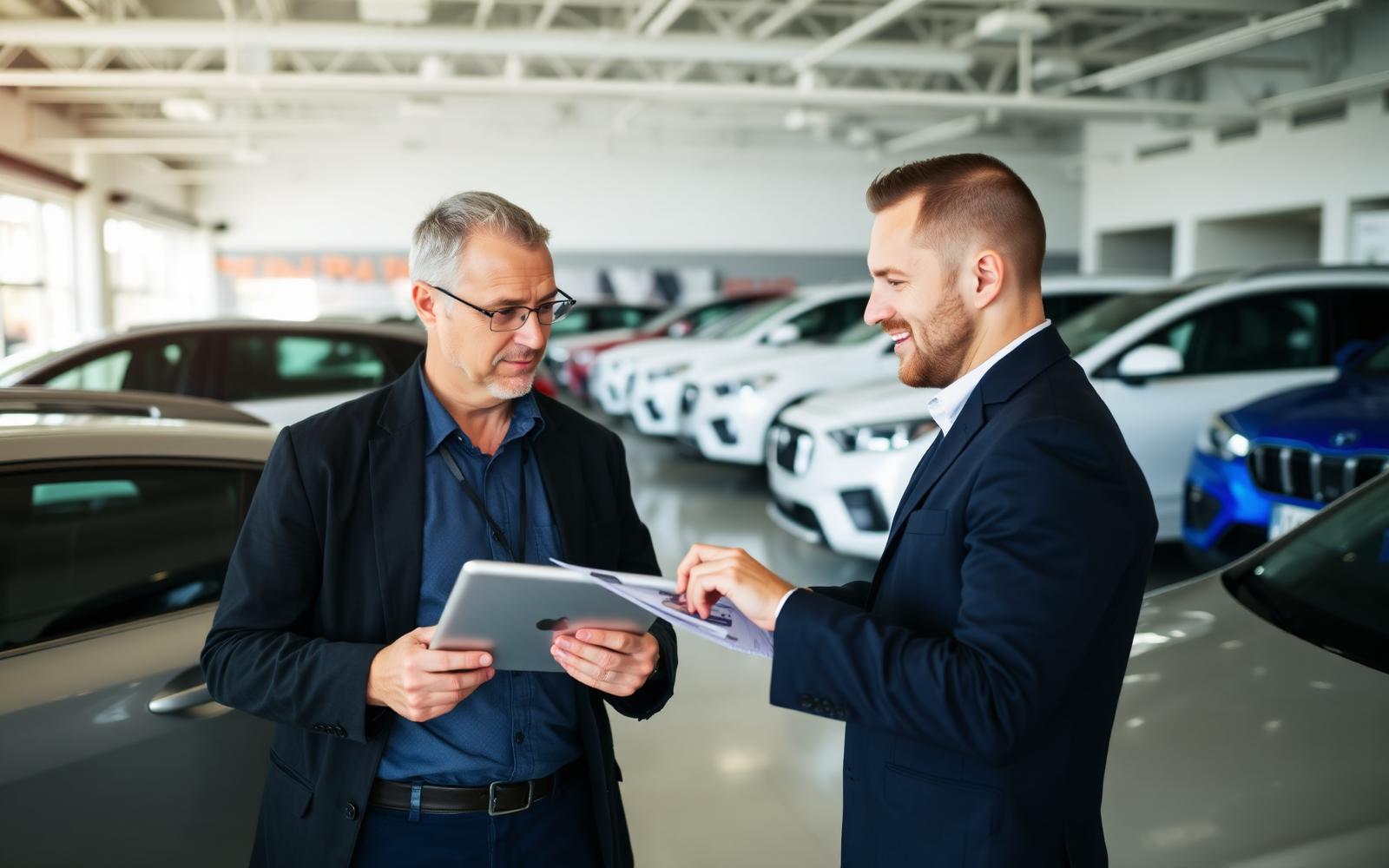 Dealership manager reviewing fleet vehicles on a tablet